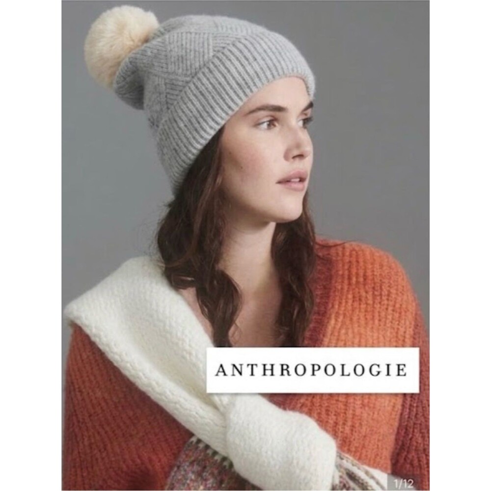 Anthropologie Pick-A-Pom Beanie Base Gray + 1 Pom One Size Cozy Winter Wool Hat
